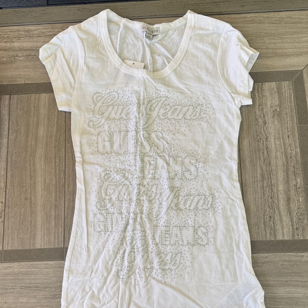 GUESS White Short Sleeve Rhinestone Logo Tee